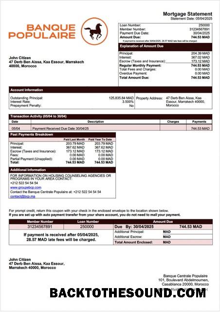 İndir Fas Banque Centrale Populaire İpotek Hesap Özeti Word and PDF Örnek şablon