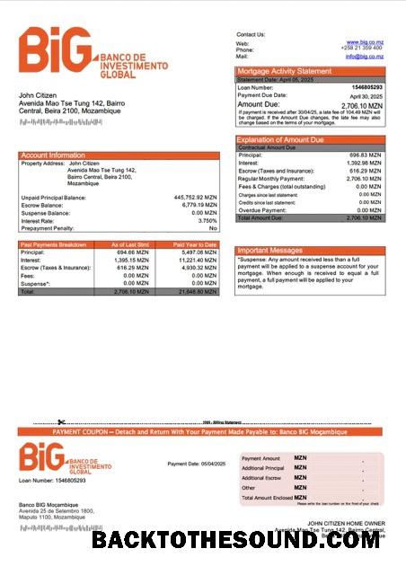 İndir Mozambik Banco BIG Moçambique İpotek Hesap Özeti Word and PDF Örnek şablon