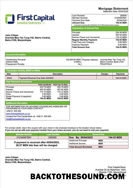 İndir Mozambik First Capital Banka İpotek Hesap Özeti Word and PDF Örnek taslak