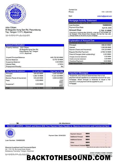 İndir Myanma Yatırım and ticari Banka İpotek Hesap Özeti Word and PDF Örnek şablon
