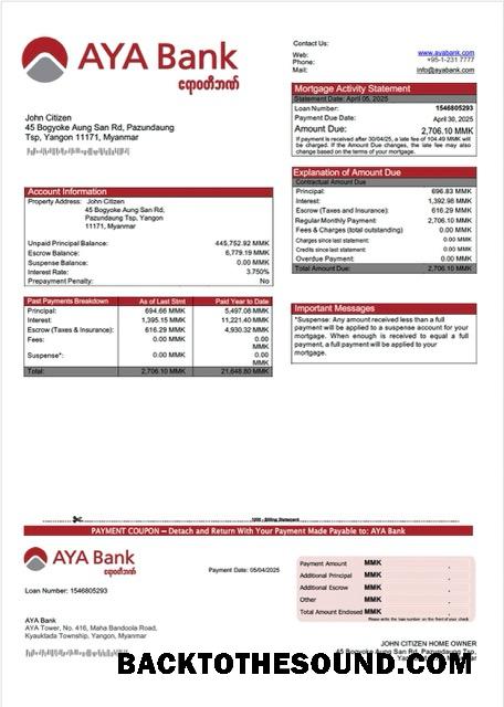 İndir Myanmar AYA Banka İpotek Hesap Özeti Word and PDF Örnek taslak