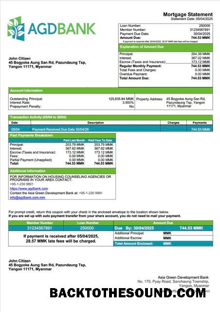İndir Myanmar Asia yeşil geliştirme (AGD) Banka İpotek Hesap Özeti Word and PDF Örnek tasarım