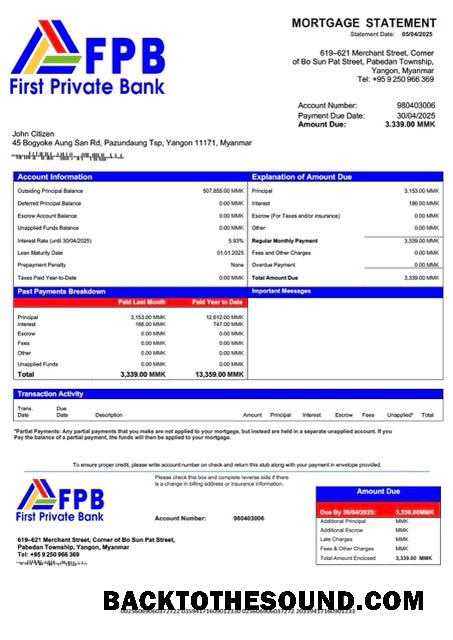 İndir Myanmar First Private Banka İpotek Hesap Özeti Word and PDF Örnek örnek