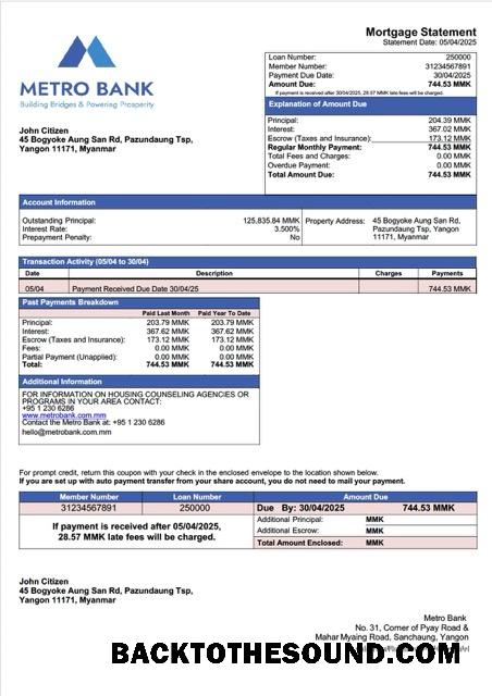 İndir Myanmar Metro Banka İpotek Hesap Özeti Word and PDF Örnek taslak