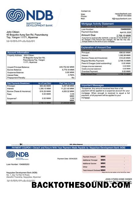 İndir Myanmar Naypyitaw geliştirme Banka (NDB) İpotek Hesap Özeti Word and PDF Örnek taslak