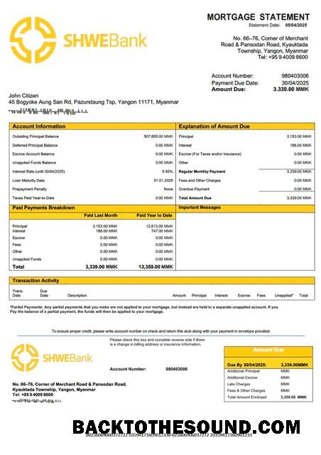 İndir Myanmar Shwe Banka İpotek Hesap Özeti Word and PDF Örnek şablon