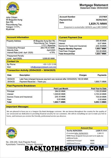 İndir Myanmar Yangon City Banka İpotek Hesap Özeti Word and PDF Örnek tasarım