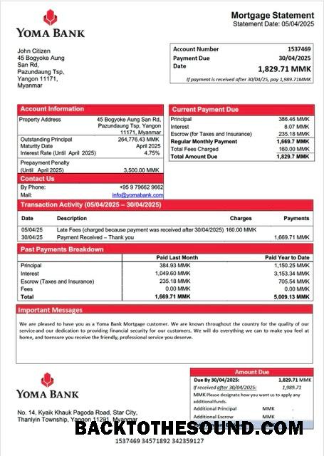 İndir Myanmar Yoma Banka İpotek Hesap Özeti Word and PDF Örnek şablon