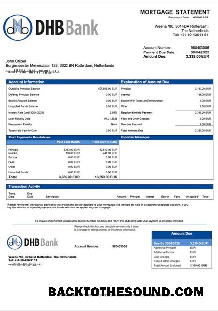 İndir Hollanda DHB Banka İpotek Hesap Özeti Word and PDF Örnek şablon