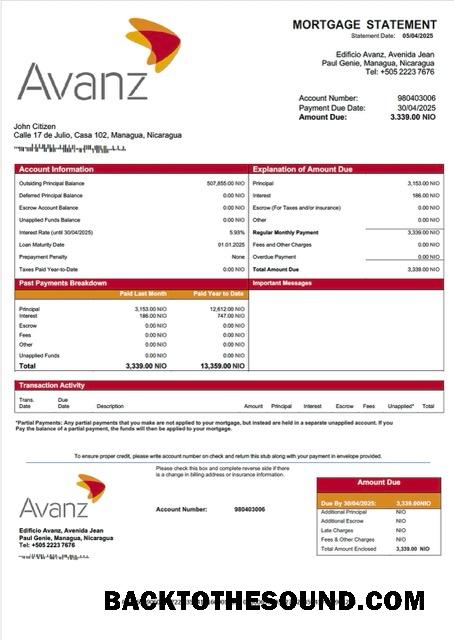 İndir Nikaragua Banco Avanz İpotek Hesap Özeti Word and PDF Örnek şablon