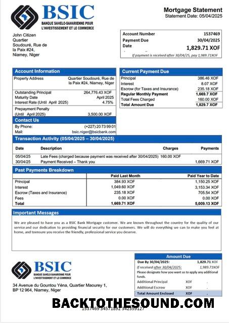 İndir Nijer BSIC Banka İpotek Hesap Özeti Word and PDF Örnek şablon