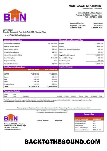 İndir Nijer Banque de l'Habitat du Nijer (BHN) İpotek Hesap Özeti Word and PDF Örnek şablon