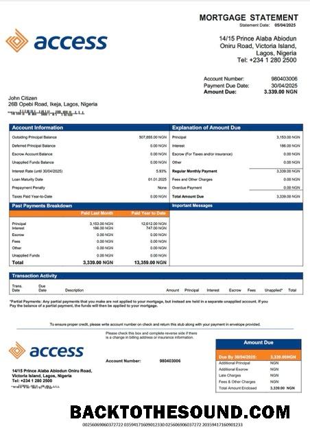 İndir Nijerya erişim Banka İpotek Hesap Özeti Word and PDF Örnek ön izleme