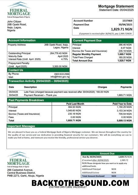 İndir Nijerya Federal İpotek Banka of Nijerya İpotek Hesap Özeti Word and PDF Örnek şablon