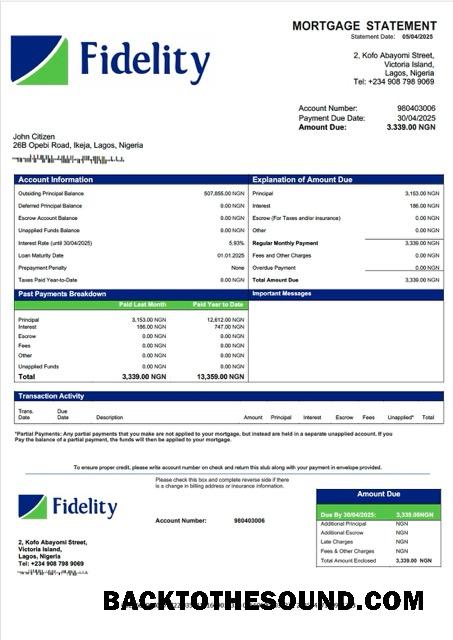 İndir Nijerya Fidelity Banka İpotek Hesap Özeti Word and PDF Örnek şablon
