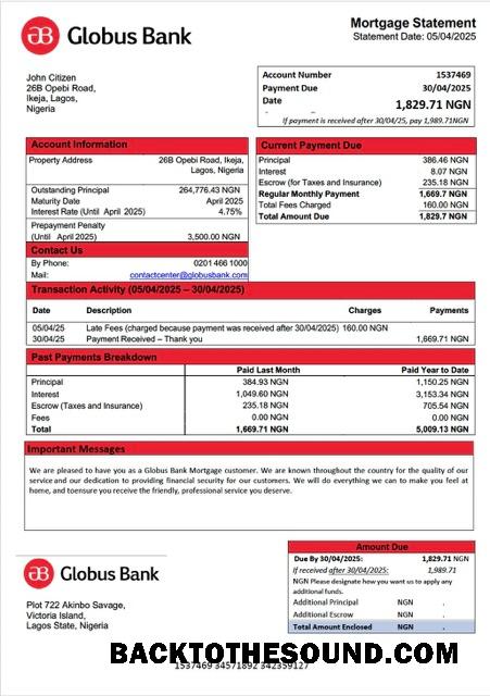 İndir Nijerya Globus Banka İpotek Hesap Özeti Word and PDF Örnek örnek