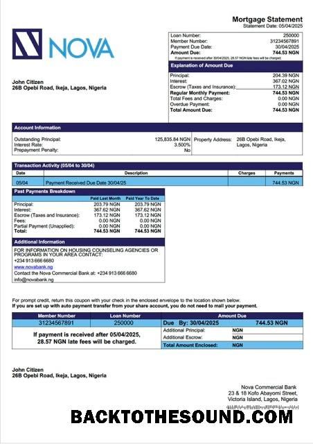 İndir Nijerya Nova ticari Banka İpotek Hesap Özeti Word and PDF Örnek şablon