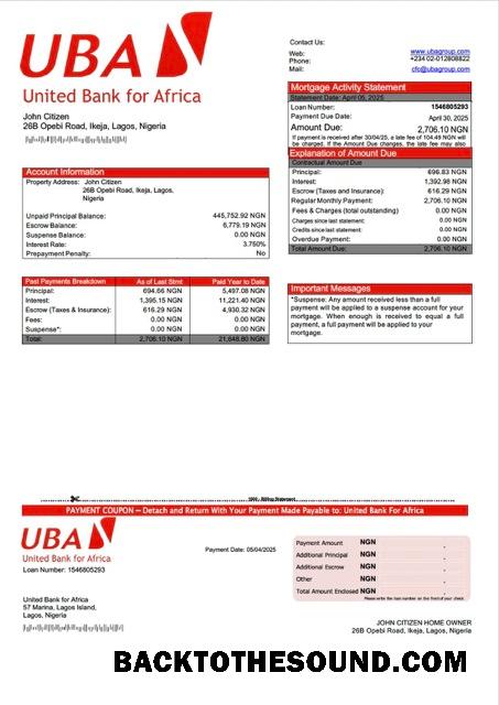 İndir Nijerya birleşik Banka for Africa İpotek Hesap Özeti Word and PDF Örnek taslak