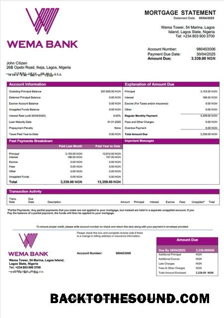 İndir Nijerya Wema Banka İpotek Hesap Özeti Word and PDF Örnek tasarım