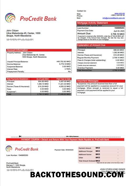 İndir Kuzey Makedonya ProCredit Banka İpotek Hesap Özeti Word and PDF Örnek şablon