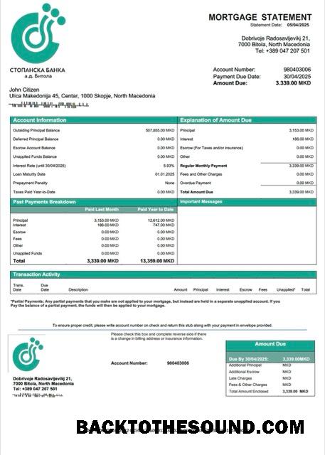 İndir Kuzey Makedonya Stopanska Banka AD Bitola İpotek Hesap Özeti Word and PDF Örnek tasarım