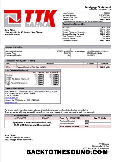 İndir Kuzey Makedonya TTK Banka İpotek Hesap Özeti Word and PDF Örnek örnek