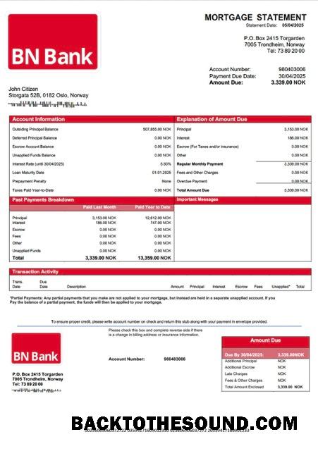 İndir Norveç BN Banka İpotek Hesap Özeti Word and PDF Örnek ön izleme