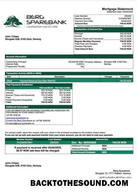 İndir Norveç Berg Sparebank İpotek Hesap Özeti Word and PDF Örnek ön izleme