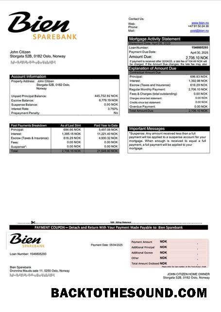 İndir Norveç Bien Sparebank İpotek Hesap Özeti Word and PDF Örnek taslak