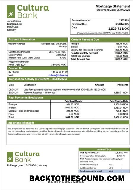 İndir Norveç Cultura Sparebank İpotek Hesap Özeti Word and PDF Örnek şablon