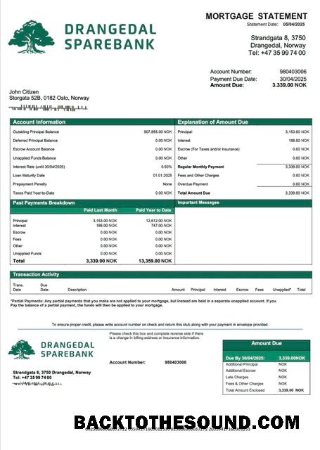 İndir Norveç Drangedal Sparebank İpotek Hesap Özeti Word and PDF Örnek ön izleme