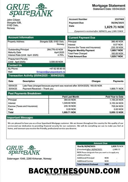 İndir Norveç Grue Sparebank İpotek Hesap Özeti Word and PDF Örnek şablon