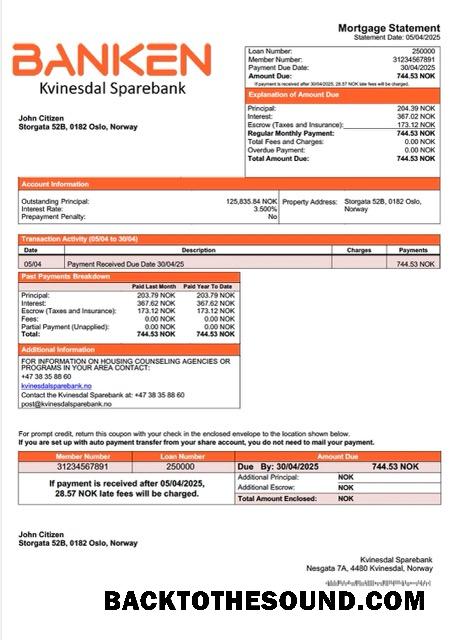 İndir Norveç Kvinesdal Sparebank İpotek Hesap Özeti Word and PDF Örnek tasarım