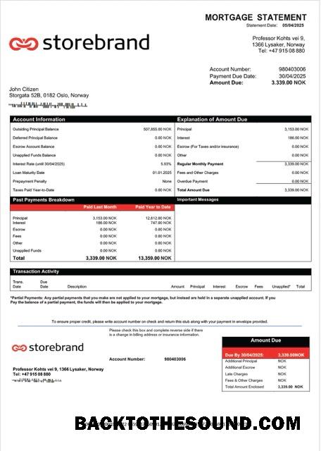 İndir Norveç Storebrand Banka İpotek Hesap Özeti Word and PDF Örnek ön izleme