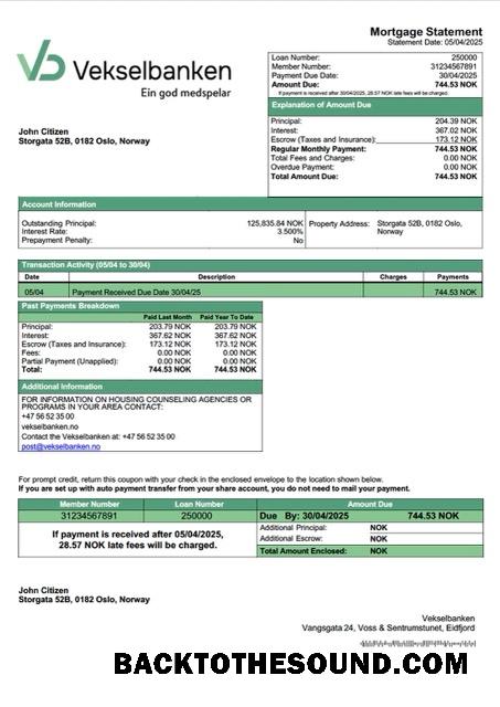 İndir Norveç Vekselbanken İpotek Hesap Özeti Word and PDF Örnek şablon