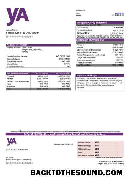 İndir Norveç yA Banka İpotek Hesap Özeti Word and PDF Örnek örnek
