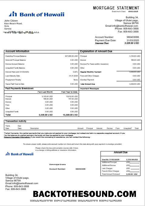 İndir Samoa Banka of Hawaii İpotek Hesap Özeti in Word and PDF Formatlar Örnek şablon