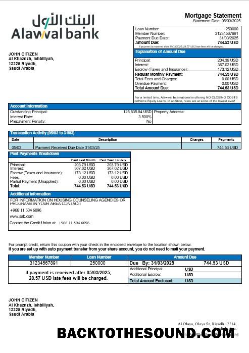İndir Suudi Arabistan Alawwal Banka İpotek Hesap Özeti in Word and PDF Formatlar Örnek şablon