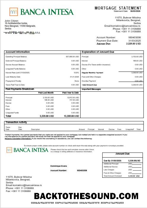 İndir Sırbistan Banca Intesa İpotek Hesap Özeti in Word and PDF Formatlar Örnek şablon