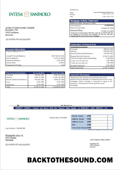 İndir Slovenya Intesa Sanpaolo Banka İpotek Hesap Özeti in Word and PDF Formatlar Örnek ön izleme