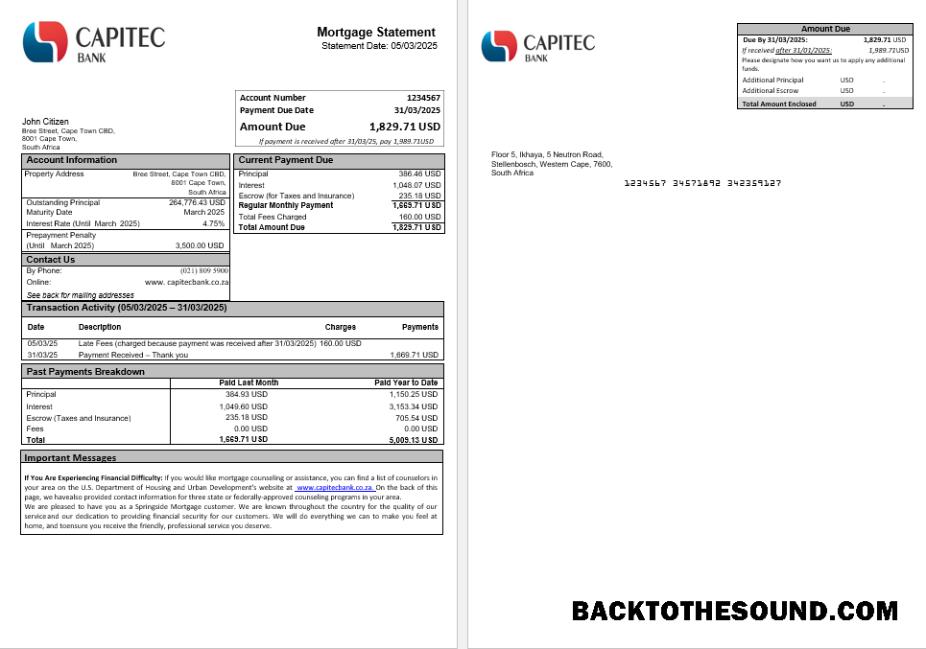 İndir Güney Afrika Capitec Banka İpotek Hesap Özeti in Word and PDF Formatlar Örnek şablon