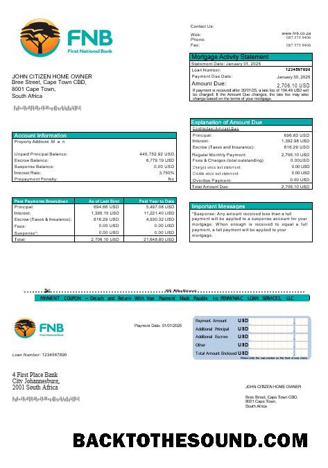 İndir Güney Afrika First ulusal Banka (FNB) İpotek Hesap Özeti in Word and PDF Formatlar Örnek ön izleme