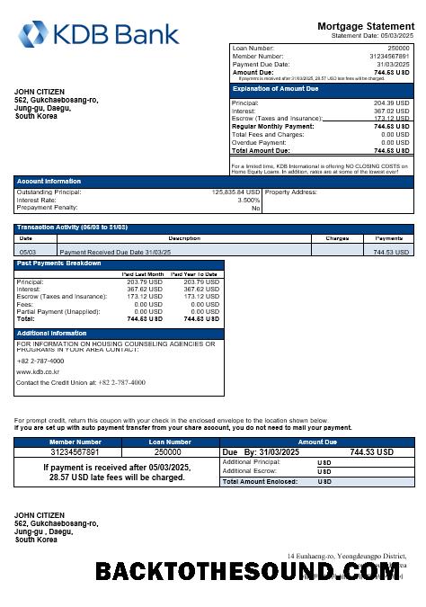 İndir Güney Kore KDB Banka İpotek Hesap Özeti in Word and PDF Formatlar Örnek şablon