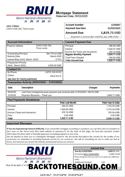 İndir Timor Leste BNU Banka İpotek Hesap Özeti in Word and PDF Formatlar Örnek ön izleme