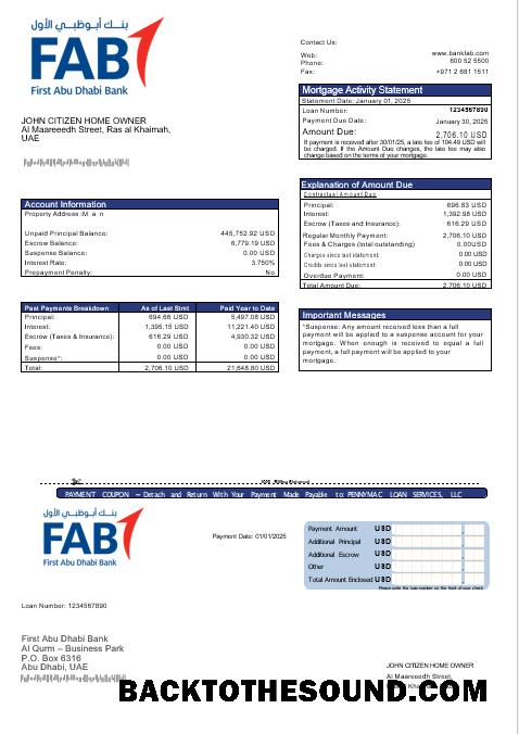 İndir BAE First Abu Dhabi Banka İpotek Hesap Özeti in Word and PDF Formatlar Örnek şablon