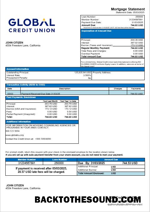 İndir ABD Alaska Global Kredi birlik Banka İpotek Hesap Özeti in Word and PDF Formatlar Örnek taslak