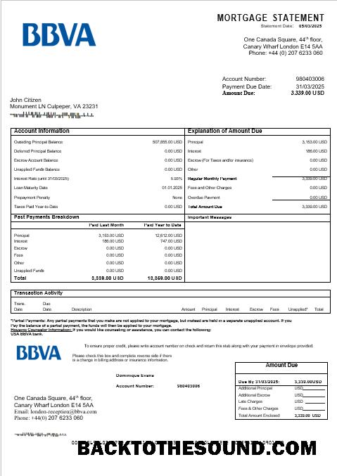 İndir ABD BBVA Banka İpotek Hesap Özeti in Word and PDF Formatlar Örnek örnek