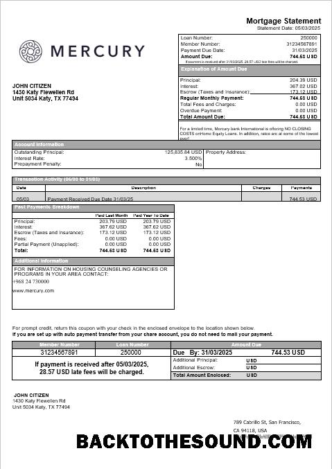 İndir ABD CA San Francisco Mercury Banka İpotek Hesap Özeti in Word and PDF Formatlar Örnek ön izleme