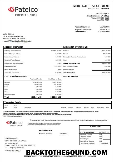 İndir ABD California Patelco Banka İpotek Hesap Özeti in Word and PDF Formatlar Örnek taslak