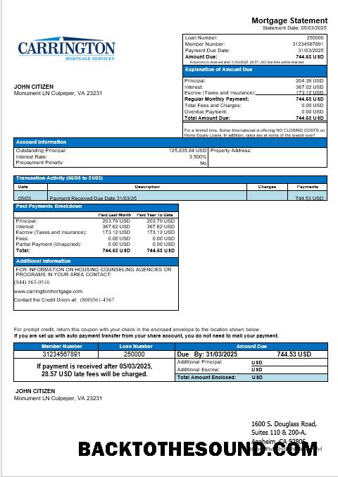 İndir ABD Carrington İpotek Services Banka İpotek Hesap Özeti in Word and PDF Formatlar Örnek ön izleme
